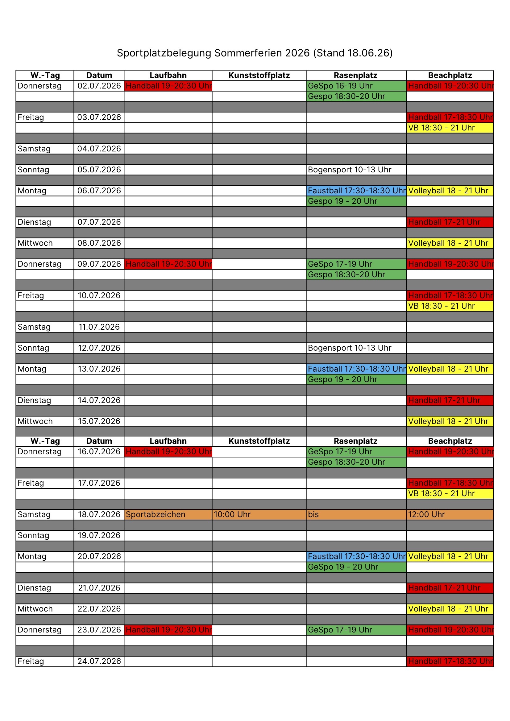 Belegungsplan Sommerferien 2026